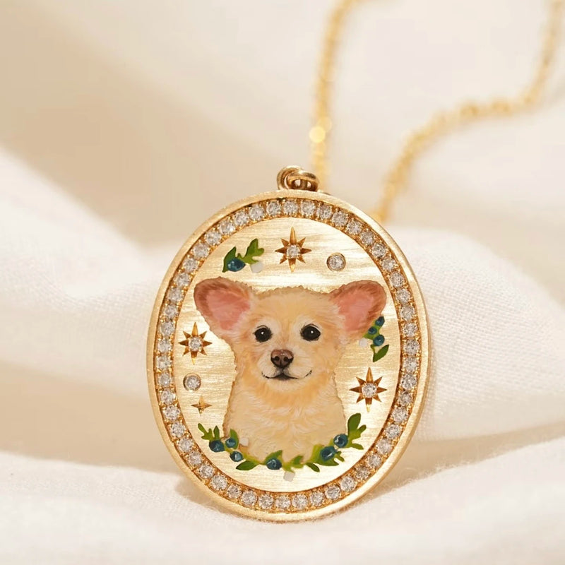 Custom 24k Gold Hand-Painted Pet Portrait Necklace