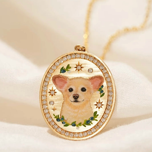 Collar de retrato de mascota pintado a mano en oro de 18k personalizado